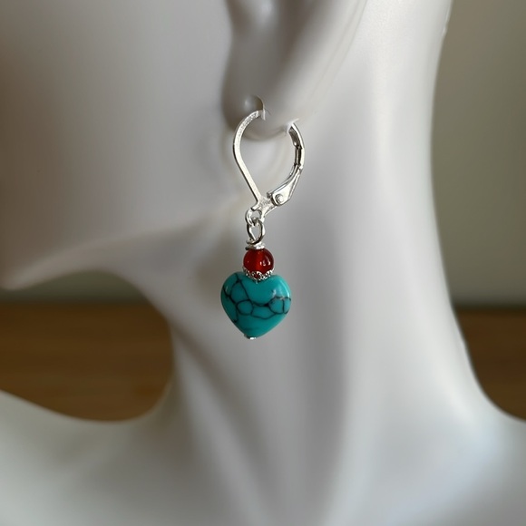 HAND CRAFTED TURQUOISE HEART PIERCED EARRINGS Turquoise Hearts Brown Carnelian - Picture 3 of 14